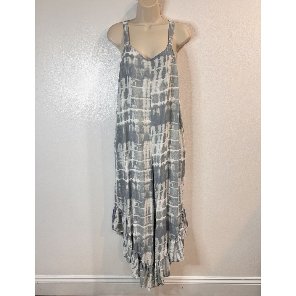 Japna Jumpsuit M Dip Dye Gray White Ruffle Crop Wide Leg Boho Festival V-neck